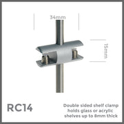 double sided shelf clamp holds glass or acrylic shelf to 8mm